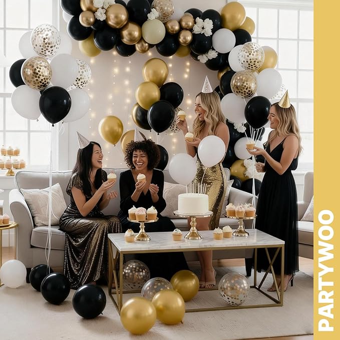 PartyWoo Black and Gold Balloons 65pcs 12 Inch Matte Black White Metallic Chrome Gold Confetti Balloons for Graduation Baby Shower Birthday New Year's Eve Anniversary Bachelorette Party Decorations