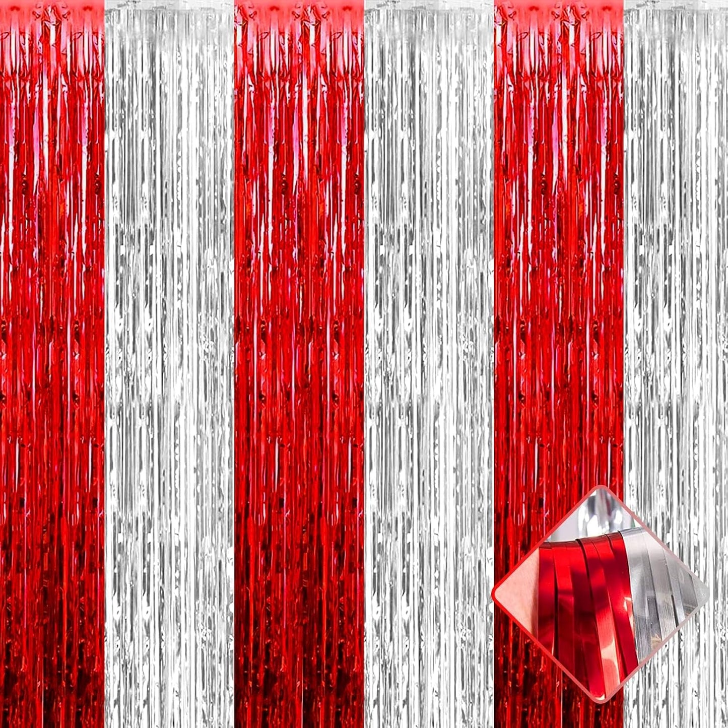 4 Pack 3.2Ft x 6.6Ft Silver Red Foil Fringe Curtain Backdrop, Metallic Tinsel Foil Fringe Streamers Curtains Background for Wedding, Circus Welcome Carnival Birthday Party Decoration New