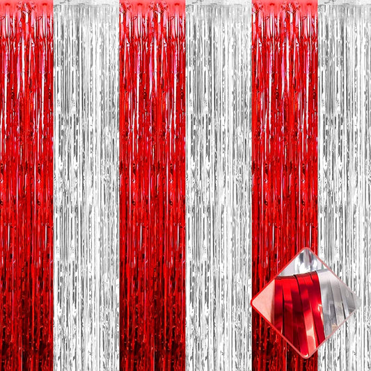 4 Pack 3.2Ft x 6.6Ft Silver Red Foil Fringe Curtain Backdrop, Metallic Tinsel Foil Fringe Streamers Curtains Background for Wedding, Circus Welcome Carnival Birthday Party Decoration New
