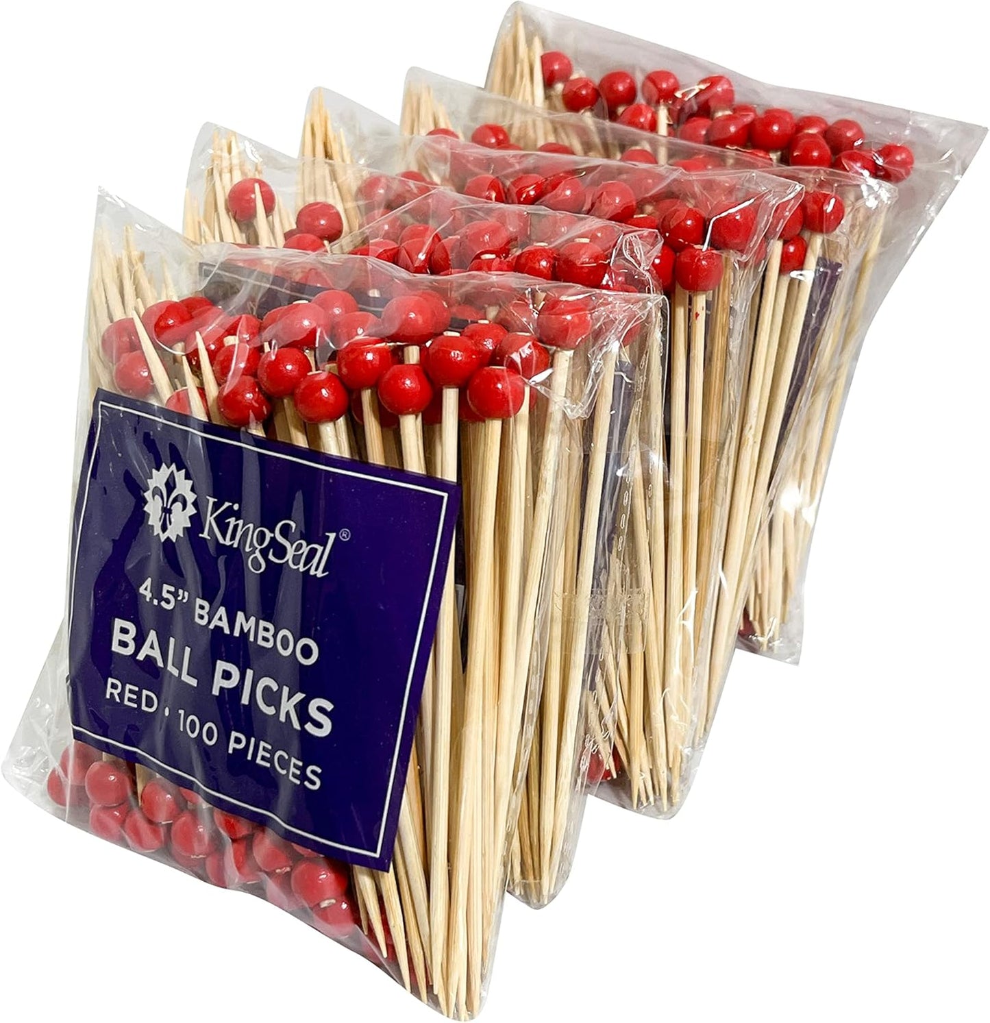 500 Count | KingSeal Bamboo Specialty Cocktail Party Picks, 4.5 Inches, Red Ball Head, Perfect for Appetizers and Cocktails, Bulk Pack - 5 Packs of 100