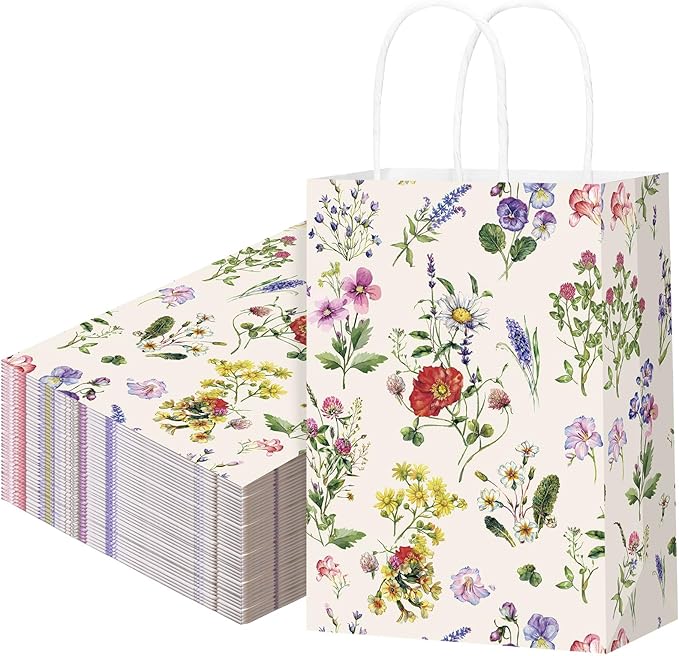 Marspark 24 Pcs Vintage Wildflower Paper Gift Bags for Wedding Bridal Baby Shower Engagement Birthday Party Supplies Floral Treat Bag with Handles Candy Goodie Bags for Guests, 8.3'' x 5.9'' x 3.1''