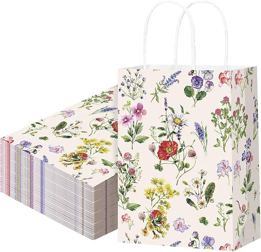 Marspark 24 Pcs Vintage Wildflower Paper Gift Bags for Wedding Bridal Baby Shower Engagement Birthday Party Supplies Floral Treat Bag with Handles Candy Goodie Bags for Guests, 8.3'' x 5.9'' x 3.1''