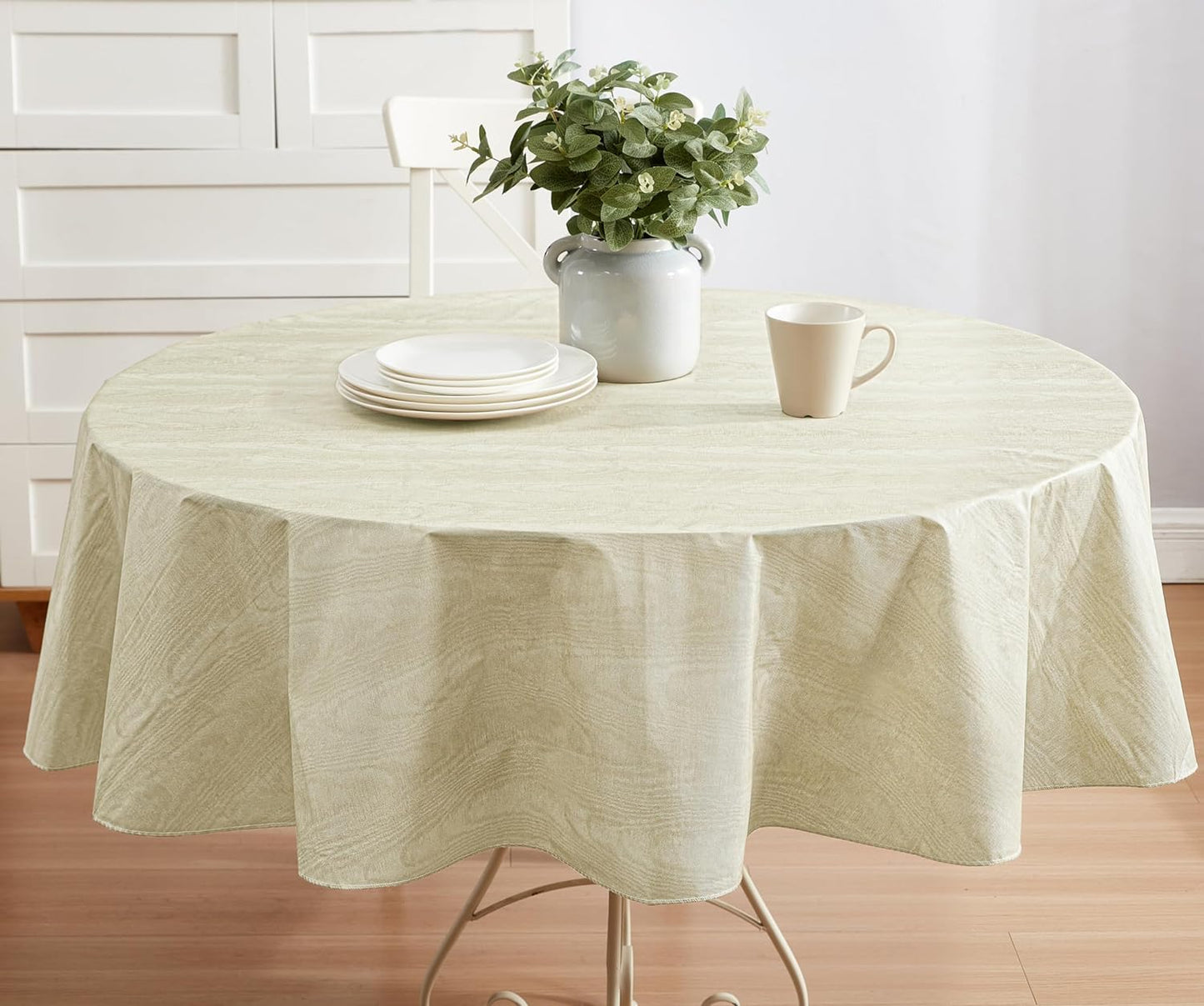 Newbridge Vinyl Flannel Backed Tablecloth, 70 inch Round, Beige Moire Wavy Solid Design, Heavyweight Indoor Outdoor Waterproof Table Cover, Easy Care Wipe Clean