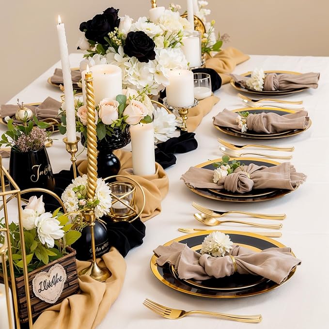 supernal 120pcs Black and Gold Plastic Plates Disposable Fancy Elegant Party Plates Heavy Duty Gold Plastic Dinnerware with Dinner and Dessert Size for Party, Valentine's Day Party and Wedding