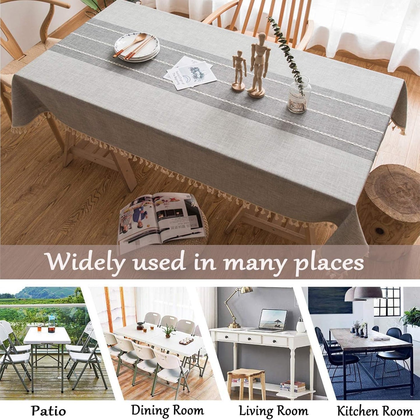 Cotton Linen Tablecloth, Tassel Stitching Table Cloth, Wrinkle Free Farmhouse Table Cover for Kitchen Dining, Party, Holiday (Rectangle, 55''x86'', 6-8 Seats, Gray)
