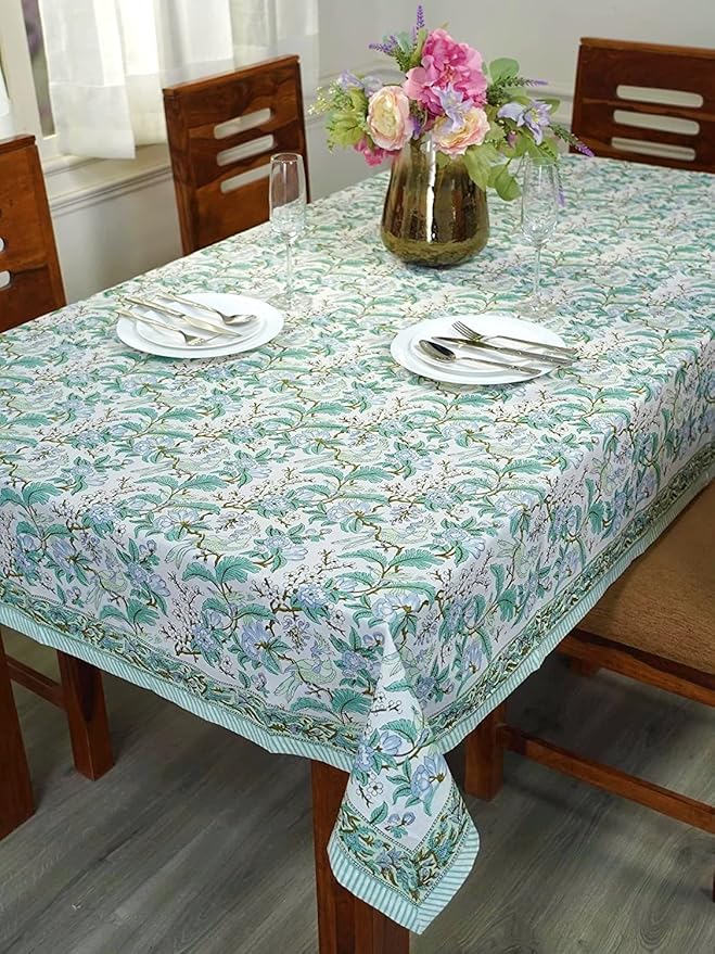 Ridhi Hand Block Print Sage Russian Green Rectangle Cotton Tablecloth 160" x 72" Reusable Table Cover Decorative Everyday Use for Dining, Farmhouse, Home Gift for Spring, Easter, Valentine