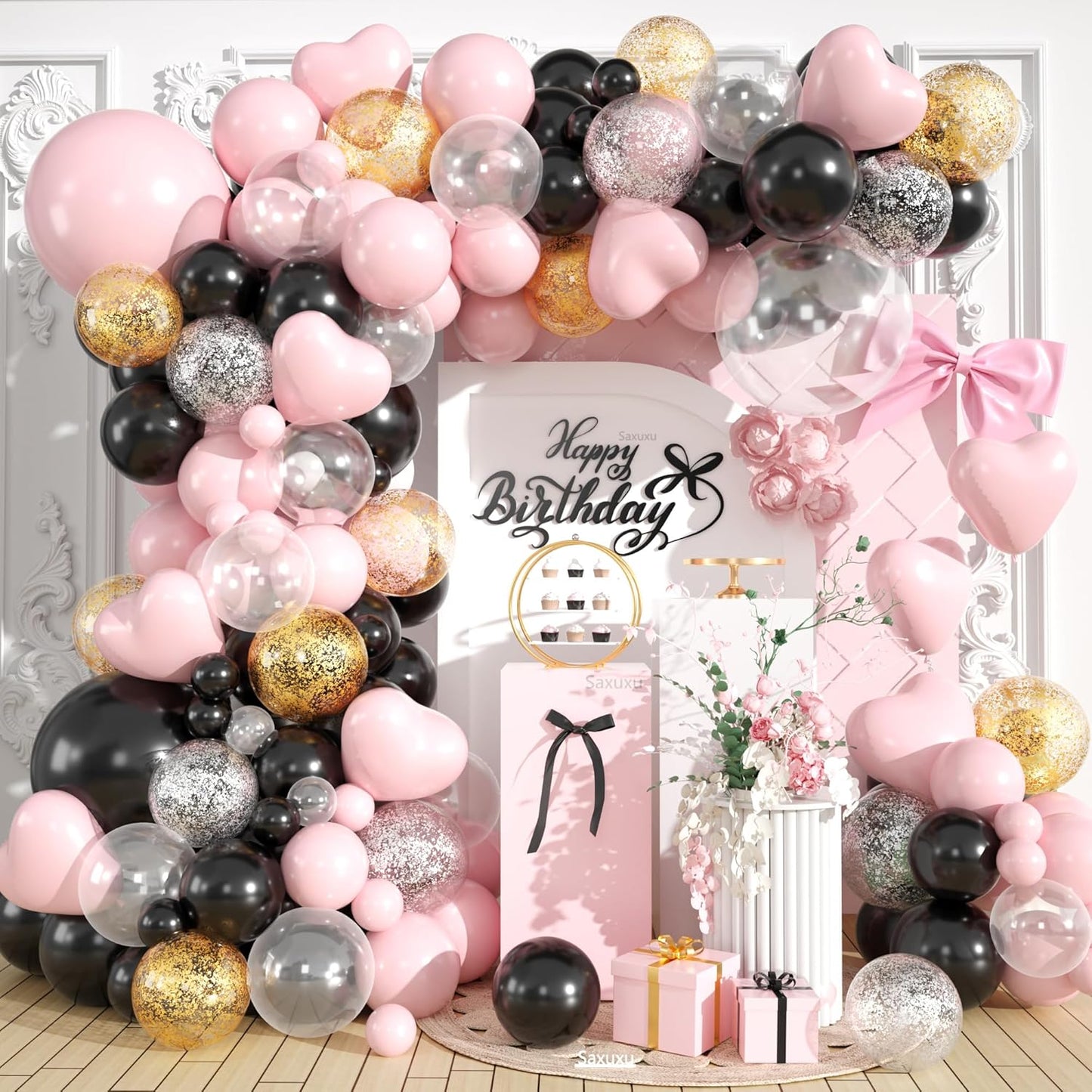 Pink and Black Balloon Arch Kit, Black Pink Balloons Garland Arch Kit, Macaron Heart Latex Balloons, Gold Silver Confetti Balloon For Girl Women Princess Birthday Mother's Day Party Wedding Decor