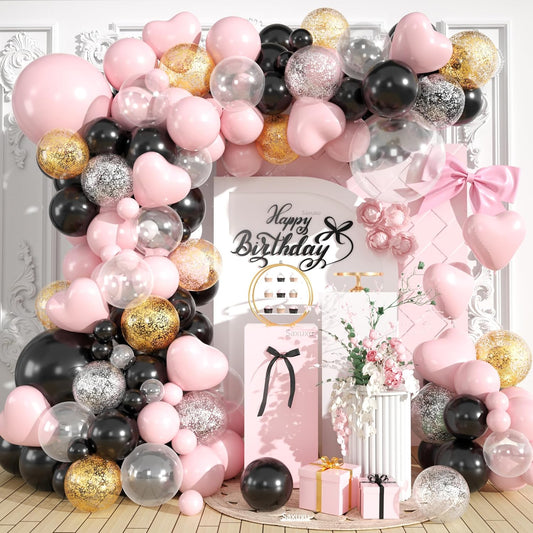 Pink and Black Balloon Arch Kit, Black Pink Balloons Garland Arch Kit, Macaron Heart Latex Balloons, Gold Silver Confetti Balloon For Girl Women Princess Birthday Mother's Day Party Wedding Decor