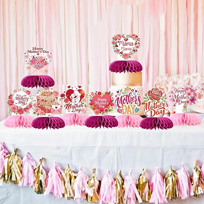 9 PCS Happy Mother's Day Honeycomb Centerpieces Love Heart Best Mom Table Centerpiece Love Mother Table Decorations for Women Mama Birthday Happy Mother's Day Party Centerpieces Decorations Supplies
