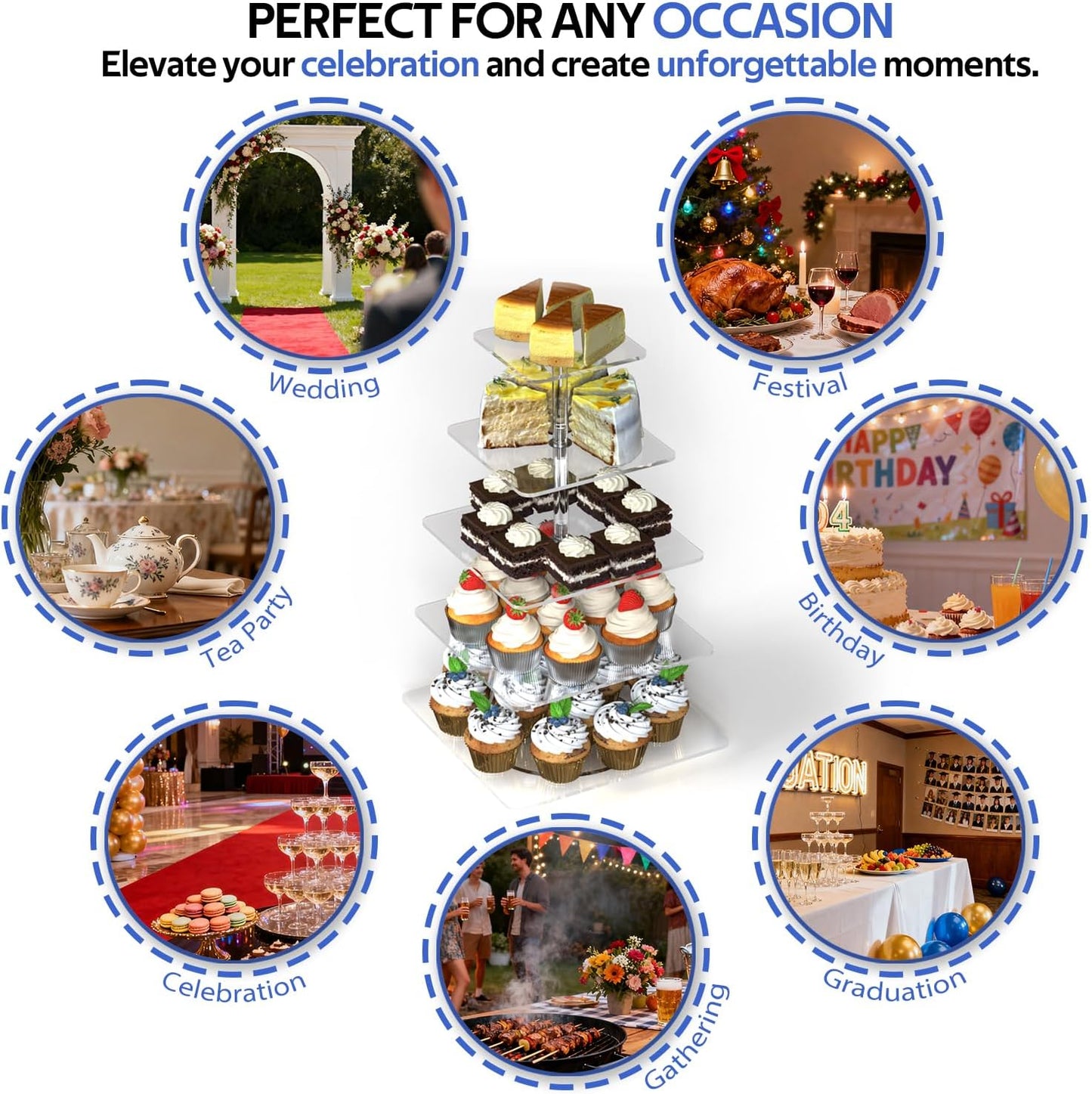 5-Tier Rotating Cupcake Stand, Clear Acrylic 360° Spinning Dessert Display Tower for Cakes & Pastries, Serving Stand for Weddings, Birthdays, Parties - Square