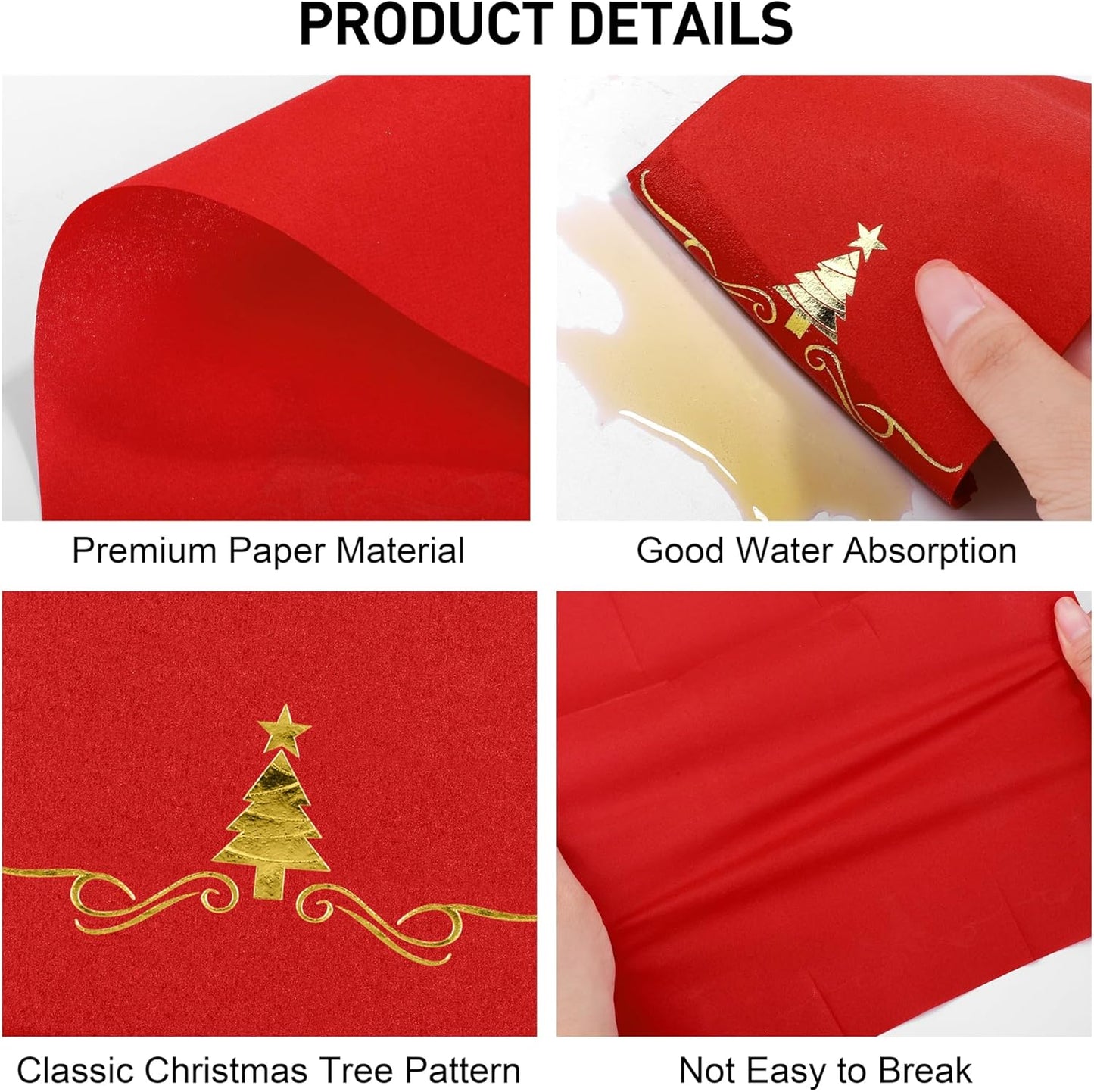 100 Pack Disposable Guest Napkins - 12 x 17 Inch Gold Foil Christmas Trees Napkins - Xmas Tree Hand Towels for Bathroom, Kitchen, Weddings, Holiday Party, Red