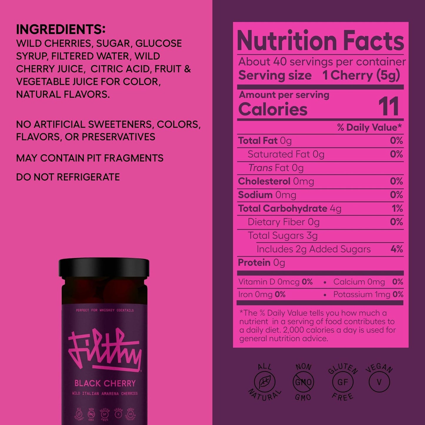 Filthy Cocktail Amarena Black Cherries, Premium Cocktail Garnish, All Natural Wild Italian Amarena Black Cherry, Non-GMO, Gluten Free, Vegan, Slow-Cooked, 11 Oz Jar, 45 Cherries
