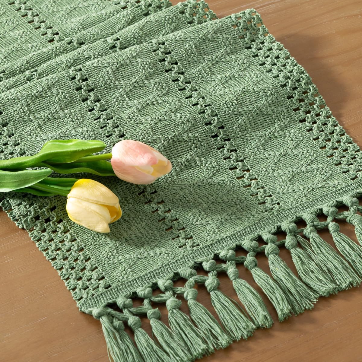 Socomi Sage Green Boho Table Runner Macrame Fall Thanksgiving Farmhouse Woven Cotton Linen Rustic Coffee Table Runner with Tassels for Small Dresser Scarf Home Decor Dining Room 12x72 inch