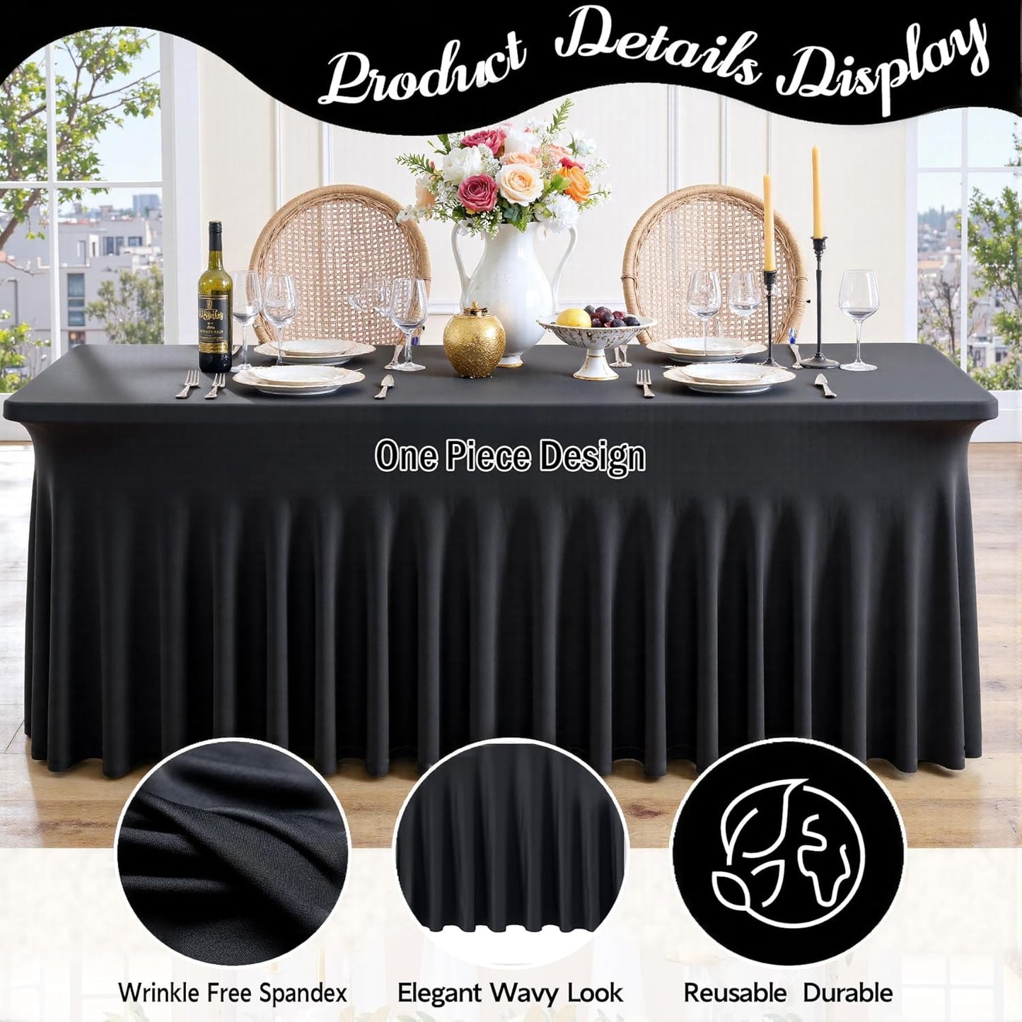 leegleri Black Spandex Table Clothes for 8 Foot Rectangle Tables, 2 Pack Wrinkle Free Rectangle Table Cloth 8ft Stretch Fitted Tablecloths with Skirt for Parties Weddings Birthday Banquet Baby Shower
