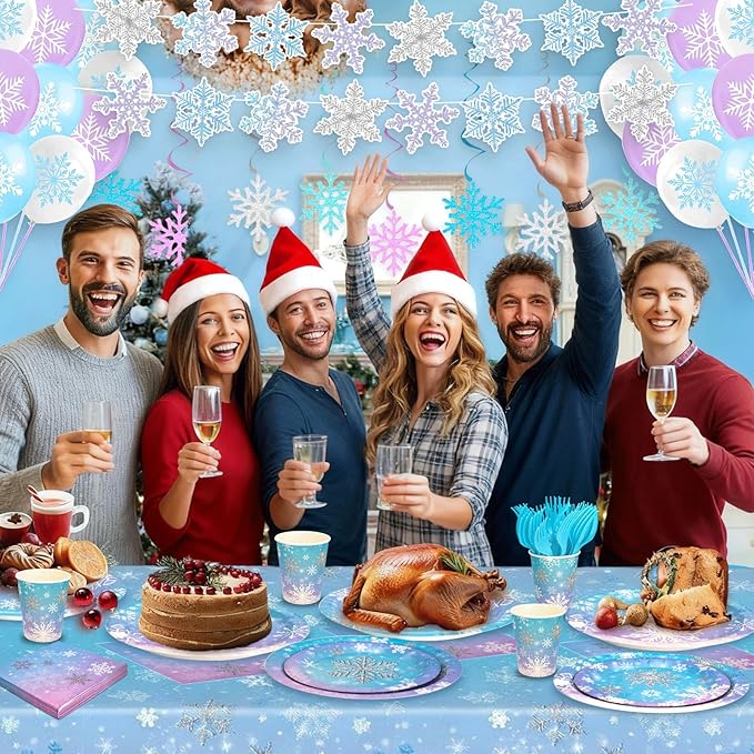 149Pcs Winter Snowflake Wonderland Paper Plates and Napkins Set,Frozen Birthday Party Decorations,for Christmas Winter Holiday New Year Party Supplies,Serves 24