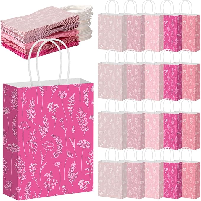 Kolldenn 50 Pcs Pink Wildflower Gift Bags with Handles Paper Floral Goodie Welcome Bag for Wedding Guest Baby Shower Bridal Birthday Party Favor, 5.91 x 3.15 x 8.27 Inches