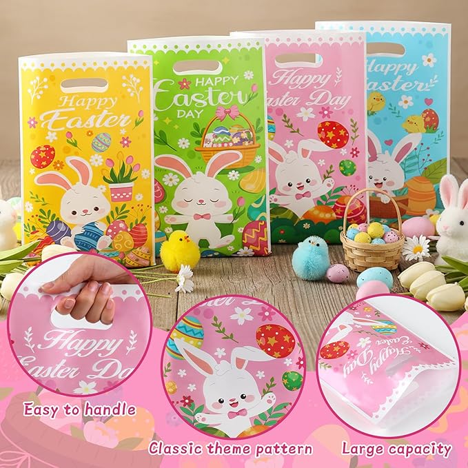 Easter Treat Bags, 100 PCS Easter Gift Bags with Handles, Plastic Happy Easter Day Cookie Goodie Candy Bag Easter Bunny Cute Spring Party Favor Bag for Easter Party Favors Supplies, 6.5x10 Inch