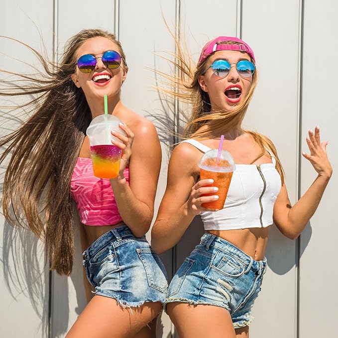 6 Set Slushie Cups with Dome Lids and Straws Detachable Spoon Straws Reusable Plastic Iced Coffee Cups Smoothie Tumbler for Birthdays Summer Party Supplies(Transparent White,16 oz)