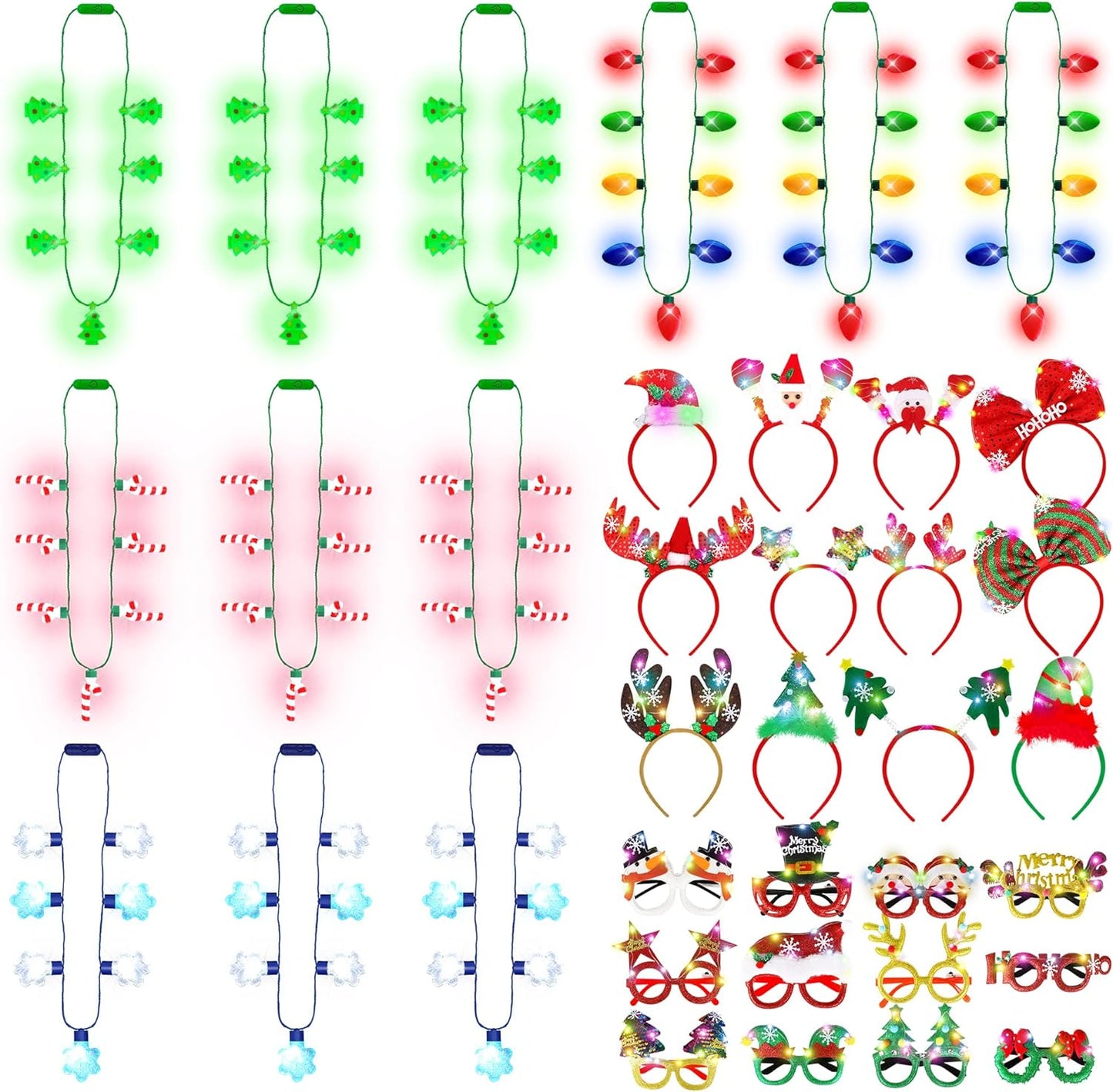 36 PCS Christmas Party Favors, Light Up Candy Cane Snowflake Tree Bulb LED Necklace Flashing Headwear Glow Eyeglasses Set for Bulk Xmas Gifts, Holiday Christmas Party Supplies for New Years Eve