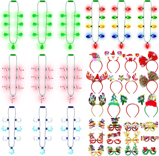 36 PCS Christmas Party Favors, Light Up Candy Cane Snowflake Tree Bulb LED Necklace Flashing Headwear Glow Eyeglasses Set for Bulk Xmas Gifts, Holiday Christmas Party Supplies for New Years Eve