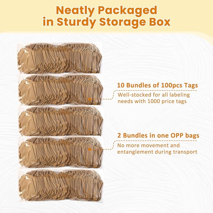 Brown Price Tags with String 1000 PCS, 1.375 x 2.125 Inches, Goefun Kraft Paper Hang Tags for Gift Bags, Hanging, Clothing, Jewelry, Garage/Yard Sale, Inventory, 250 GSM