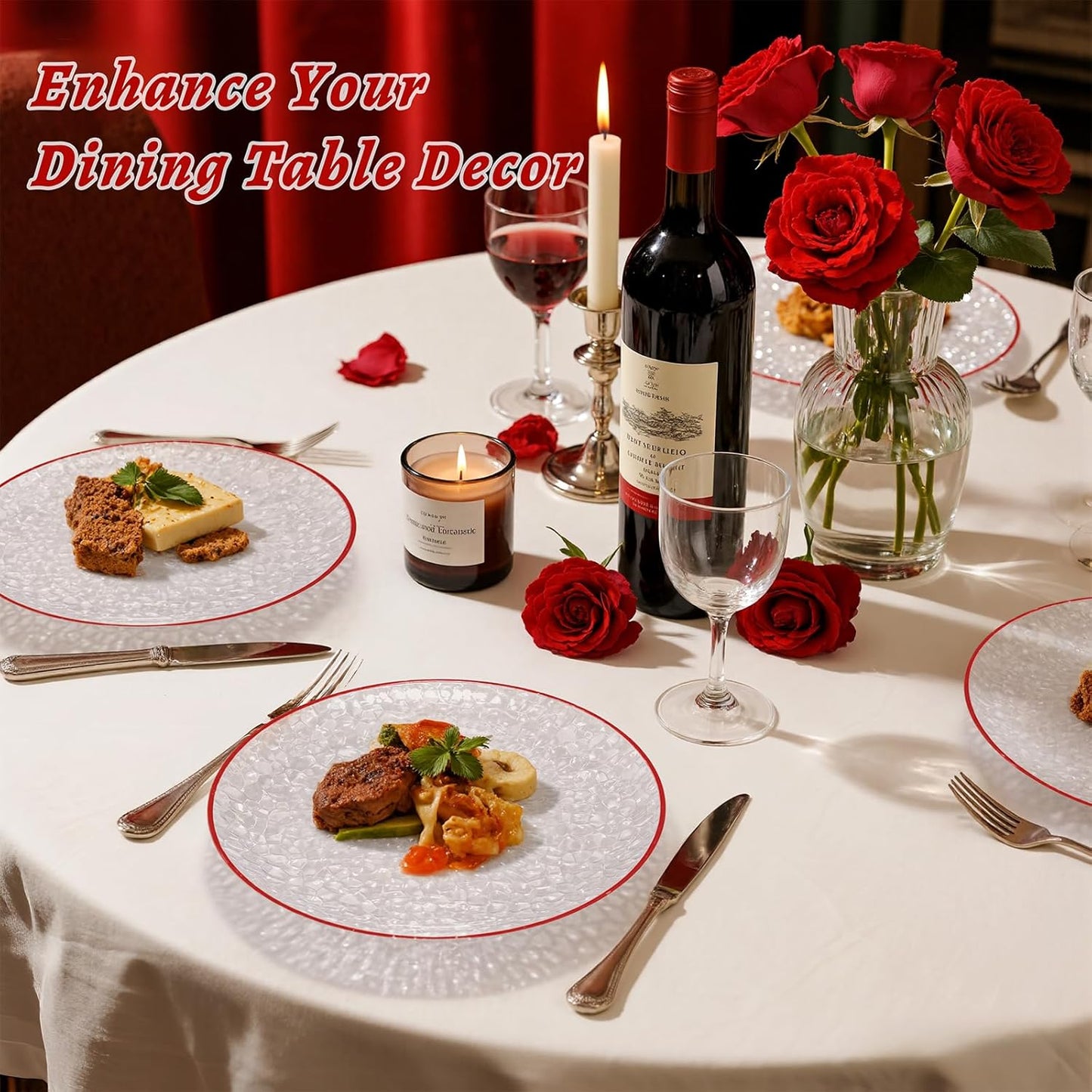 Rubtlamp 60Pcs Red Plastic Plates, Clear Plastic Plates, Heavy Duty Disposable Plates for Party, Fancy Hammered Plates Include 30 Red Dinner Plates 30 Clear Cake Plates For Wedding