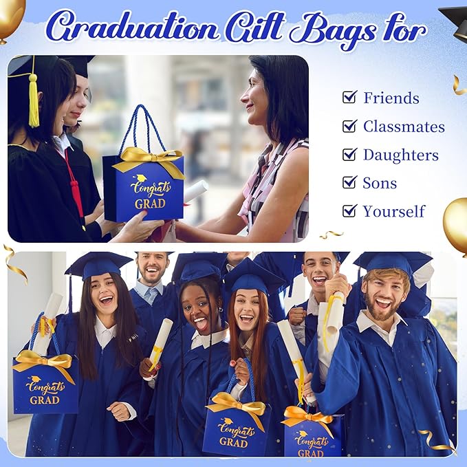 Moinchore 30 Pcs Blue Gold Graduation Gift Bags Bulk 5.5 x 4.7 x 2.5'' Small 2026 Congrats Grad Favor Bags with Handles Bow Ribbon Wrap Graduation Day Paper Party Supplies for College High School