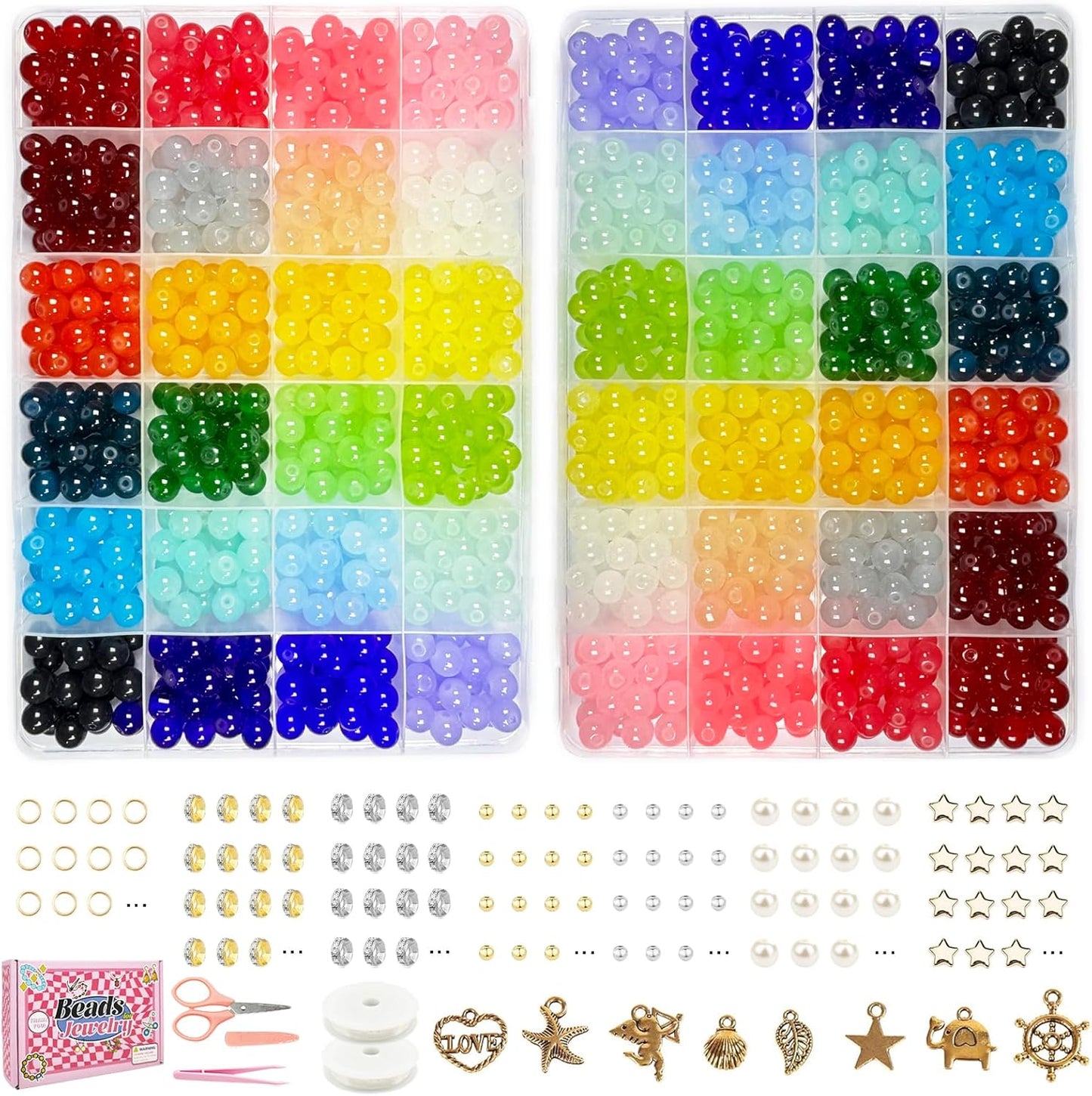 Dayify 1500 Pcs 8mm Glass Beads Bracelet Making Kit, 24 Colors Crystal Beads for Jewelry Making, Round Glass Beads with Charms for Bracelets and DIY Crafts