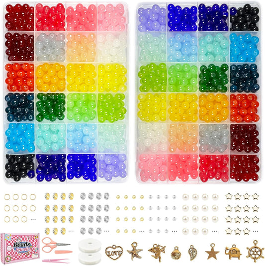 Dayify 1500 Pcs 8mm Glass Beads Bracelet Making Kit, 24 Colors Crystal Beads for Jewelry Making, Round Glass Beads with Charms for Bracelets and DIY Crafts