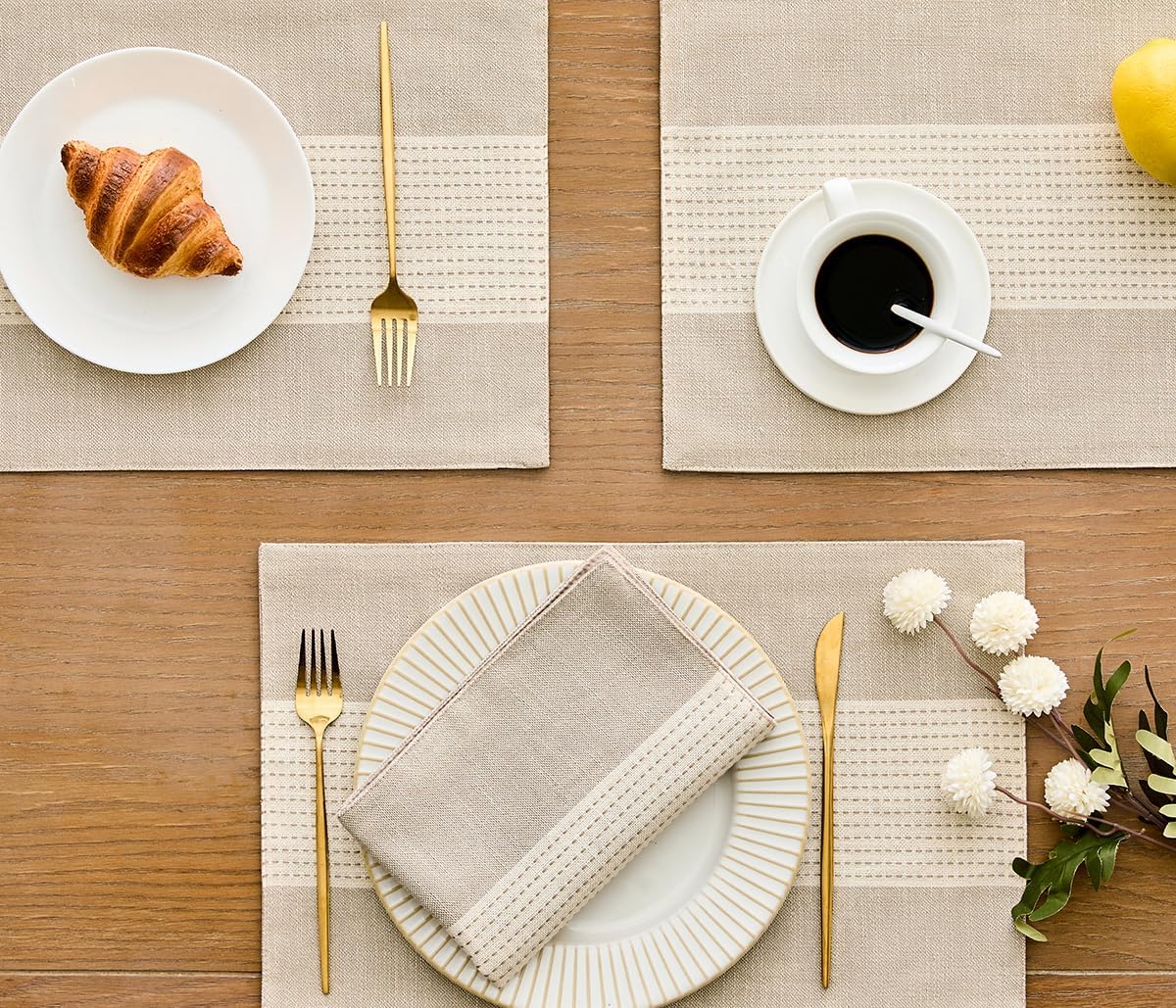 Wracra Linen Placemats, 12 x 18 Inch Set of 6 Placemats, Farmhouse Macrame Place Mats for Kitchen Table and Heat Resistant-Hemstitch Light Coffee 6PCS