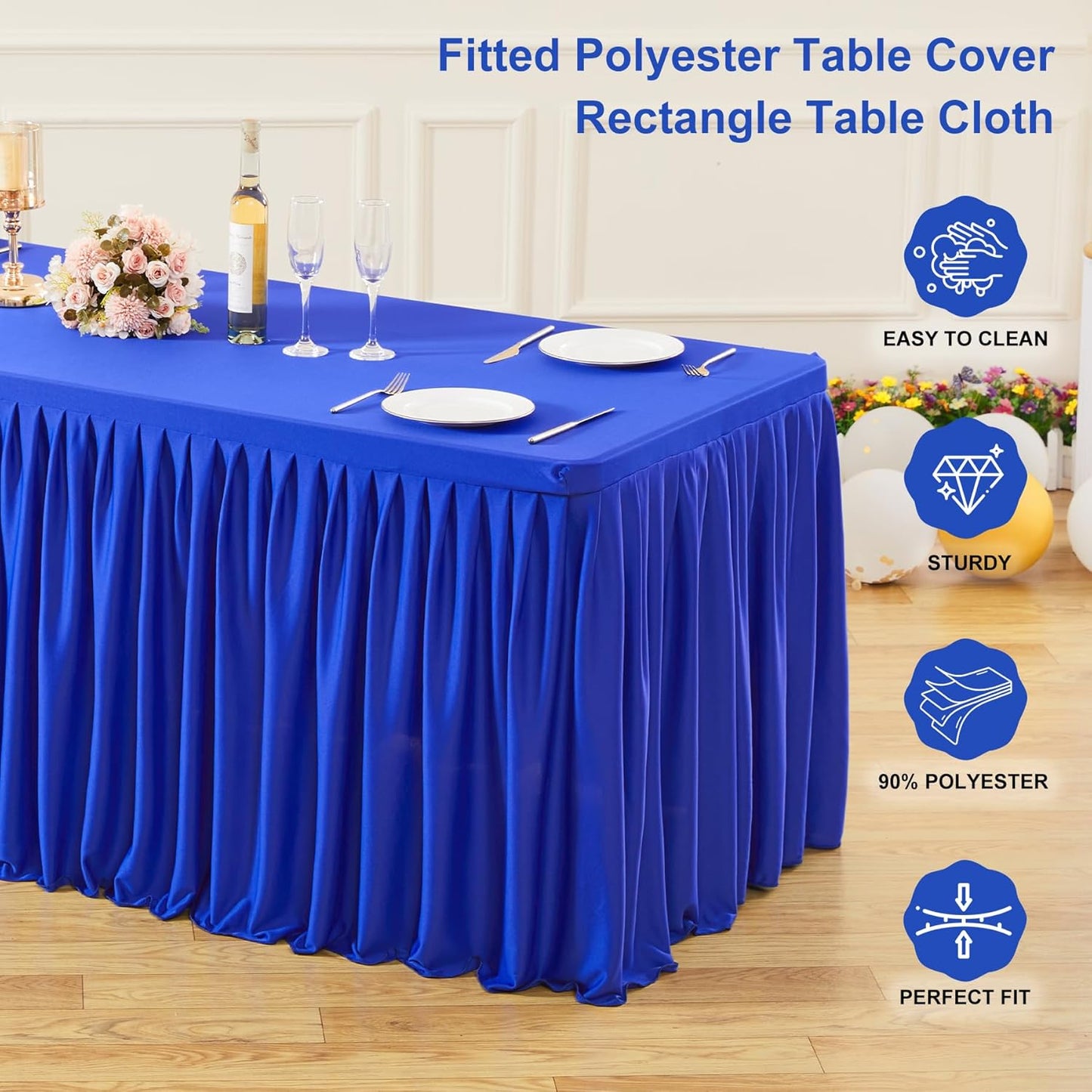 Royal Blue Polyester Table Clothes for 4 Foot Rectangle Tables, Wrinkle Free Fitted Table Cover with Pleated Ruffle Table Skirt for Birthday Party Wedding Trade Show Event Display