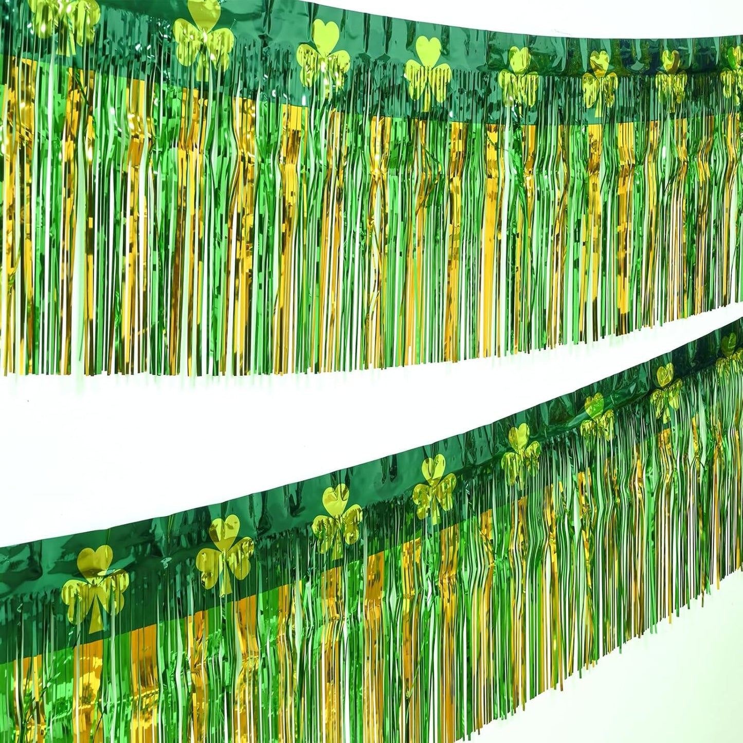 Mega-L St Patricks Day Decorations 4 Pack 78Ft Foil Fringe Garland Tinsel Banner, Green Gold Shamrock Pattern Metallic Hanging Backdrop Streamers Table Skirts for Birthday Party Parade Float Golf Cart