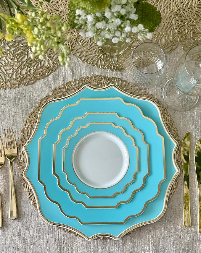 " OCCASIONS " 40 Pieces 13.25'' Scalloped Disposable/Reusable Plastic Charger Plates for Wedding, (Scalloped Imperial Aqua & Gold)