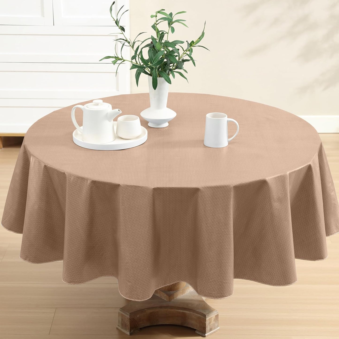 Newbridge Basketweave Vinyl Flannel Backed Tablecloth, 70 Inch Round, Taupe, Basket Weave Textured Indoor Outdoor Waterproof Table Cover for Patio, Kitchen, Dining
