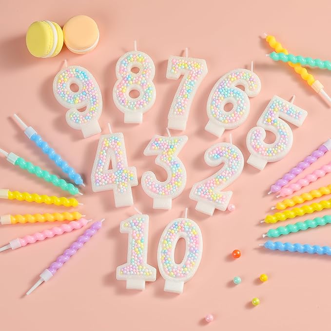 PHD CAKE Number 8 Birthday Candle Macaron Glitter Number Candle with Rainbow Spiral Candles in Holders for Cake Topper, Pastel Sweet Theme Party Decoration