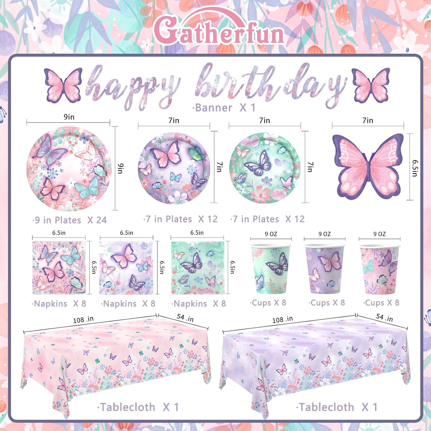 Butterfly Birthday Party Supplies Set - Includes Disposable Plates, Cups, Napkins, Tablecloth, and Banner | Butterfly Party Decorations for Girls Birthday Celebration,Serve 24