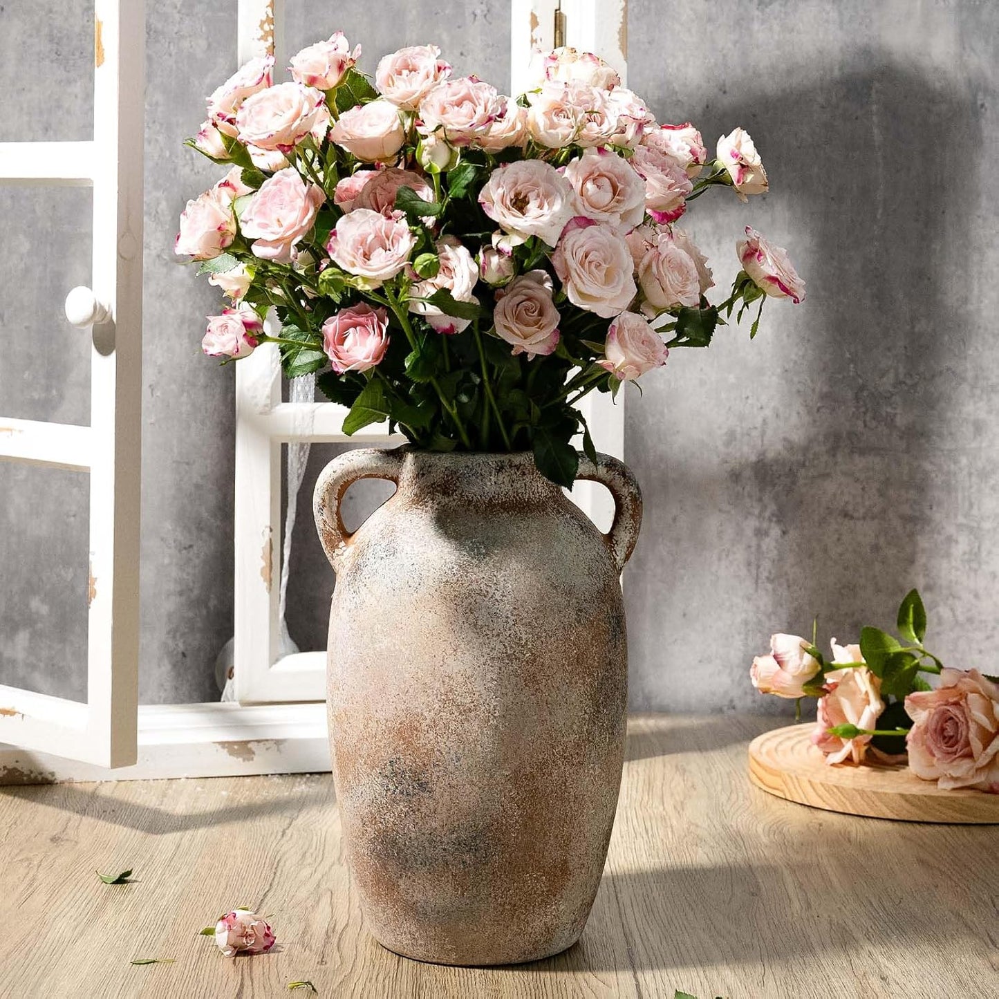 Rustic Ceramic Flower Vase with 2 Handles, Small Decorative Terracotta Boho Vase for Living Room, Table Centerpiece, Shelf Decor, Farmhouse, Entryway - 9.8 Inch Tall, Vintage Gray