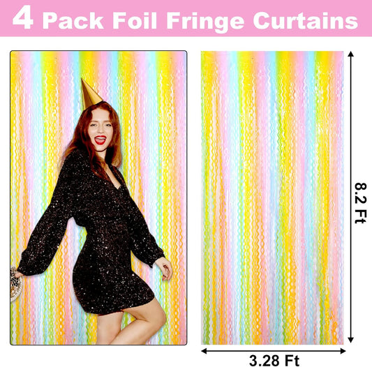 4 Pack Rainbow A Fringe Curtain Backdrop 3.2Ft x 8.2Ft Metallic Tinsel Foil Fringe Streamers Background for Photo Booth Mother's Day, Easter, Carnival, Birthday, Wedding Party Decoration
