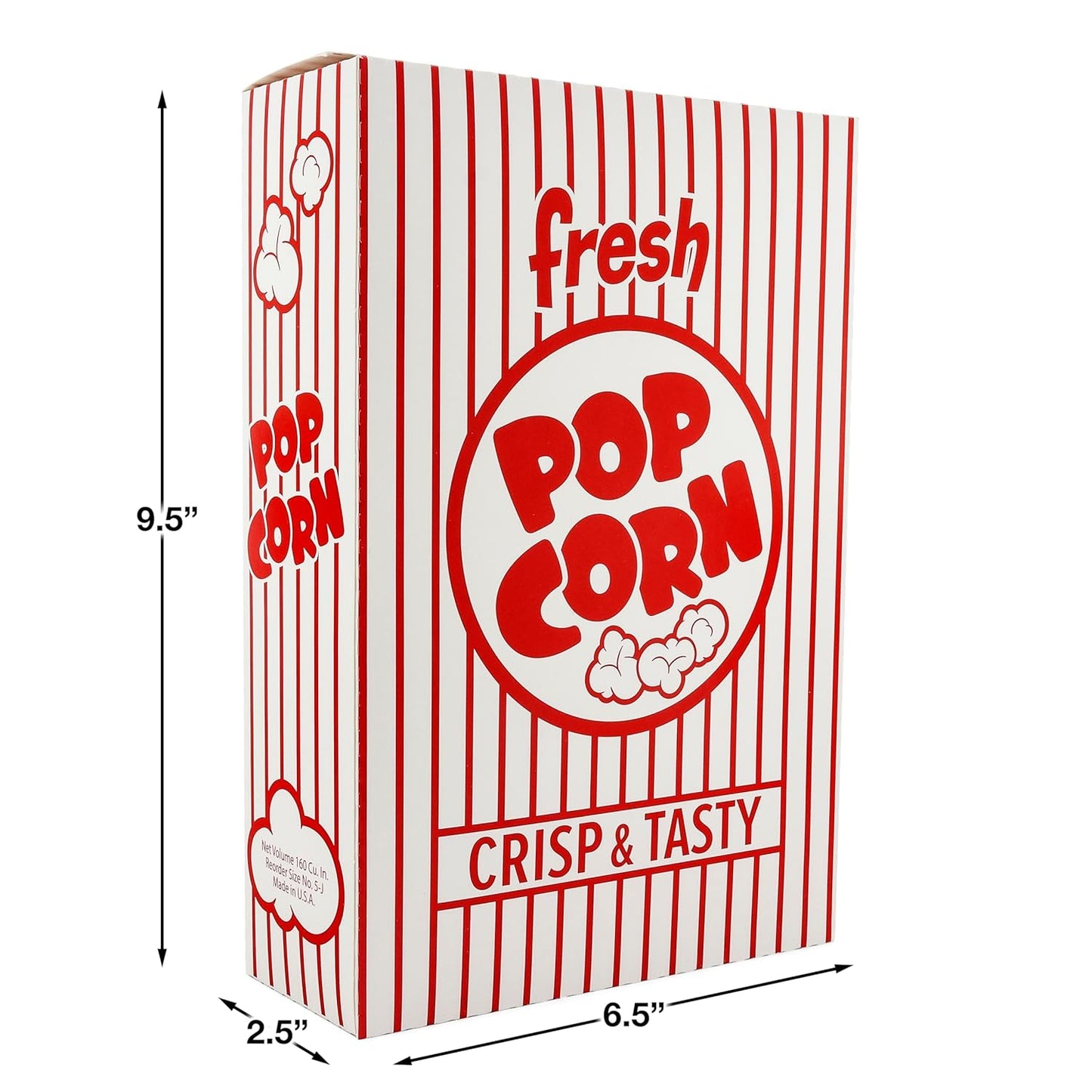 Snappy 5J Red & White Striped Popcorn Boxes - 250 Pack, 3.3 oz Capacity, Movie Night Supplies