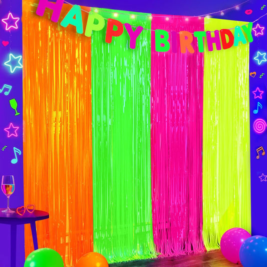 ADLKGG Glow in The Dark Party Supplies, 4Pcs Neon Party Decorations, Fluorescent Green Orange Yellow Fuchsia Foil Fringe Curtains Backdrop for Birthday Halloween Pool Photo Booth Prop