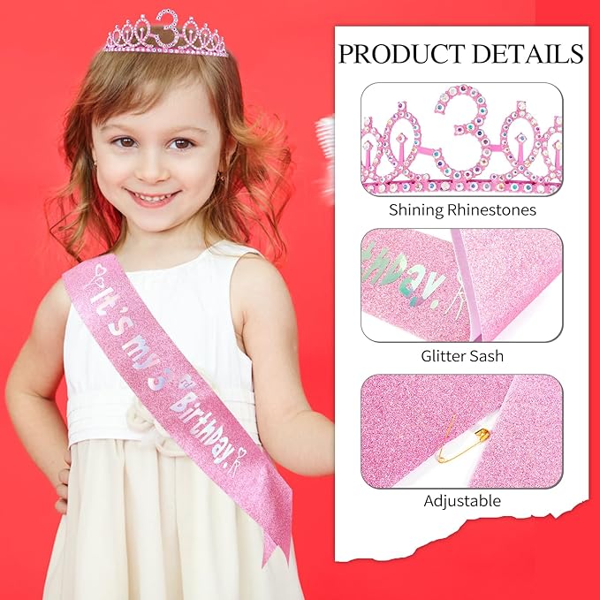 3rd Birthday Decorations for Girls - Pink Birthday Crown, Glitter Sash, Number 3 Candles and Cake Toppers for Girls 3 Year Old Party Supplies Outfit Gift