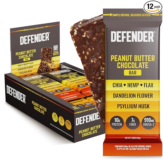 Defender Vegan Protein Bar, Peanut Butter Chocolate, Plant Based Snack Breakfast Bars, Psyllium Husk, High Fiber, Non GMO, Kosher, No Stevia & Sugar Alcohols, 12 Bars, Holiday Gift Item, Stocking Stuffer