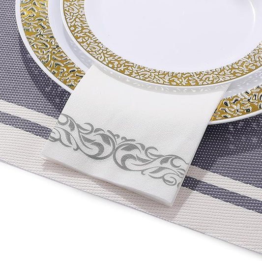 200 Disposable Hand Towels Soft and Absorbent Linen Feel Dinner Napkin Durable Decorative Bathroom Hand Napkins Good for Kitchen, Parties, Weddings, Dinners or Events White and Silver