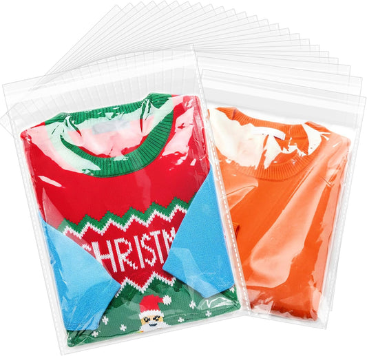 12x16" Large Clear Self-Sealing Cellophane Bags – Resealable Bags for Clothes, Gifts, Pants & Small Business Packaging (Pack of 100)
