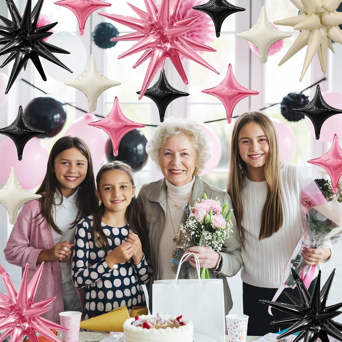 Pink Black White Star Balloon,6Pcs 22Inch Explosion Star Balloons and 10Pcs 10Inch Four Angle Balloons Kit for Birthday Anniversary Baby Shower Wedding Party Decorations