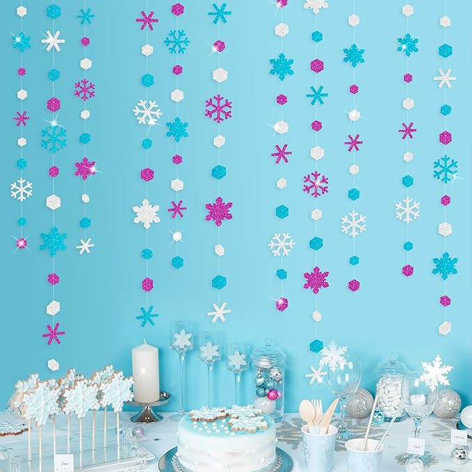 52 Ft Snowflakes Party Decorations Silver Purple Blue Glitter Paper Snowflakes Garland Streamer for Winter Wonderland Christmas Holiday Frozen Birthday Wedding Baby Shower Bridal Shower Party Supplies