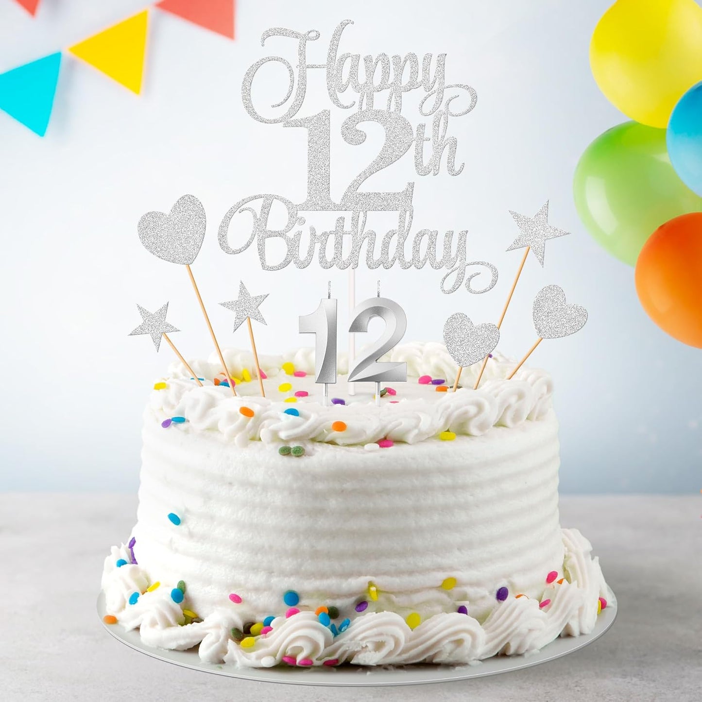 12th Birthday Cake Decorations, 12th Birthday Candles Cake Numeral Candles and Glitter Happy 12th Birthday Cake Toppers Set for Birthday Party Supplies (Silver)
