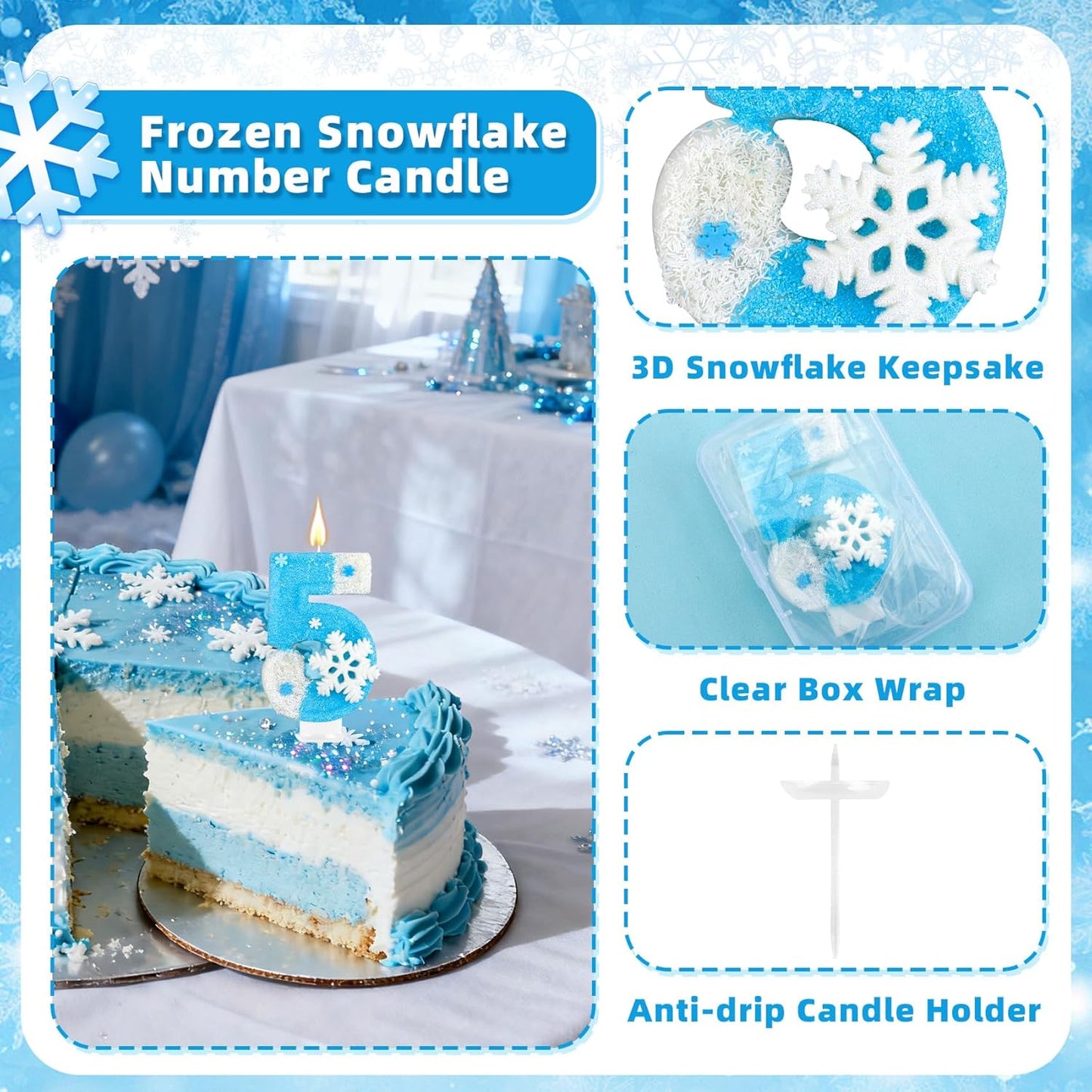 Frozen Birthday Party Decorations, Number 5 Birthday Candle, Frozen Birthday Party Favors, Happy Birthday Candle for Cake, Blue Snowflake Cake Topper Decoration for 5th 5 Year Old Party Favor Supplies