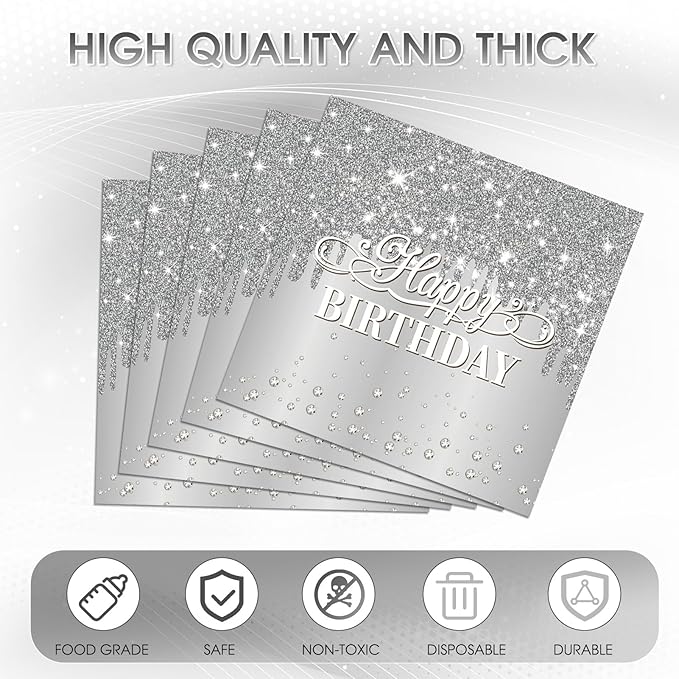 40PCS Silver Happy Birthday Napkins Silver Theme Party Decorations Disposable Cocktail Napkins for lunch,Dinner,Birthdays, Weddings, Baby Showers Party Decoration Supplies