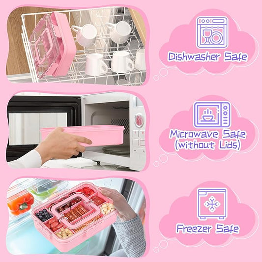Snack Box Container for Kids - Adjustable 12-Compartment Snack Containers, Reusable Bento Box, Dishwasher Safe, BPA-Free, Perfect for School, Travel, Camping & Picnic, Pink